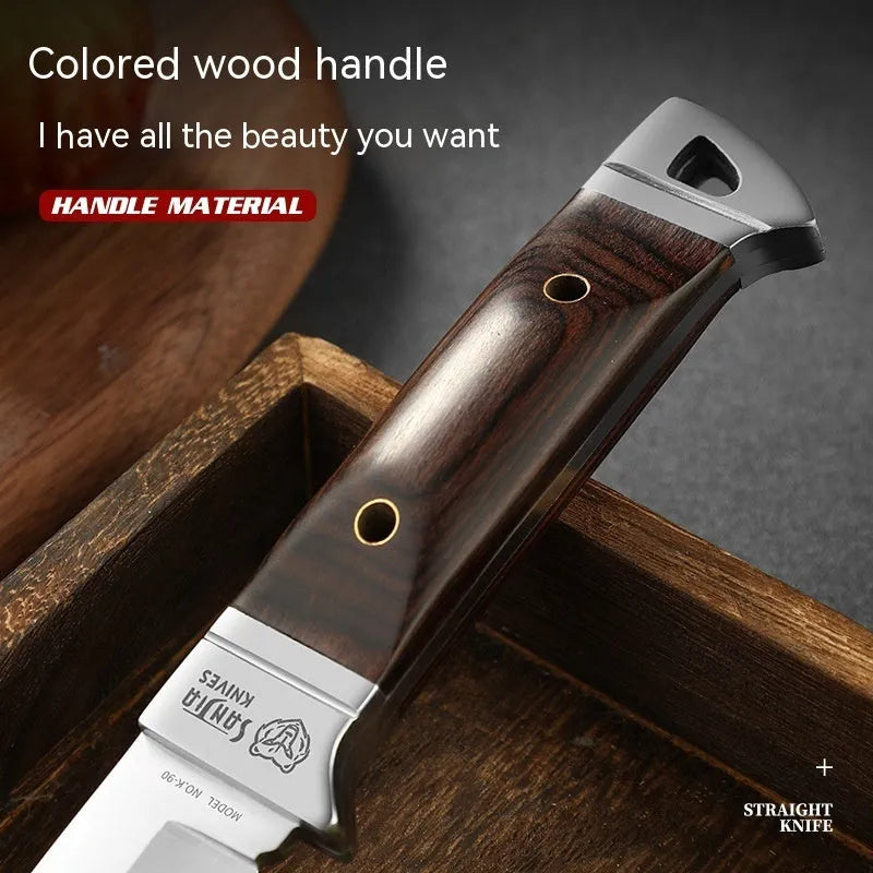 Camping multifunctional portable fruit knife with leather sheath case showing stainless steel blade and national style design