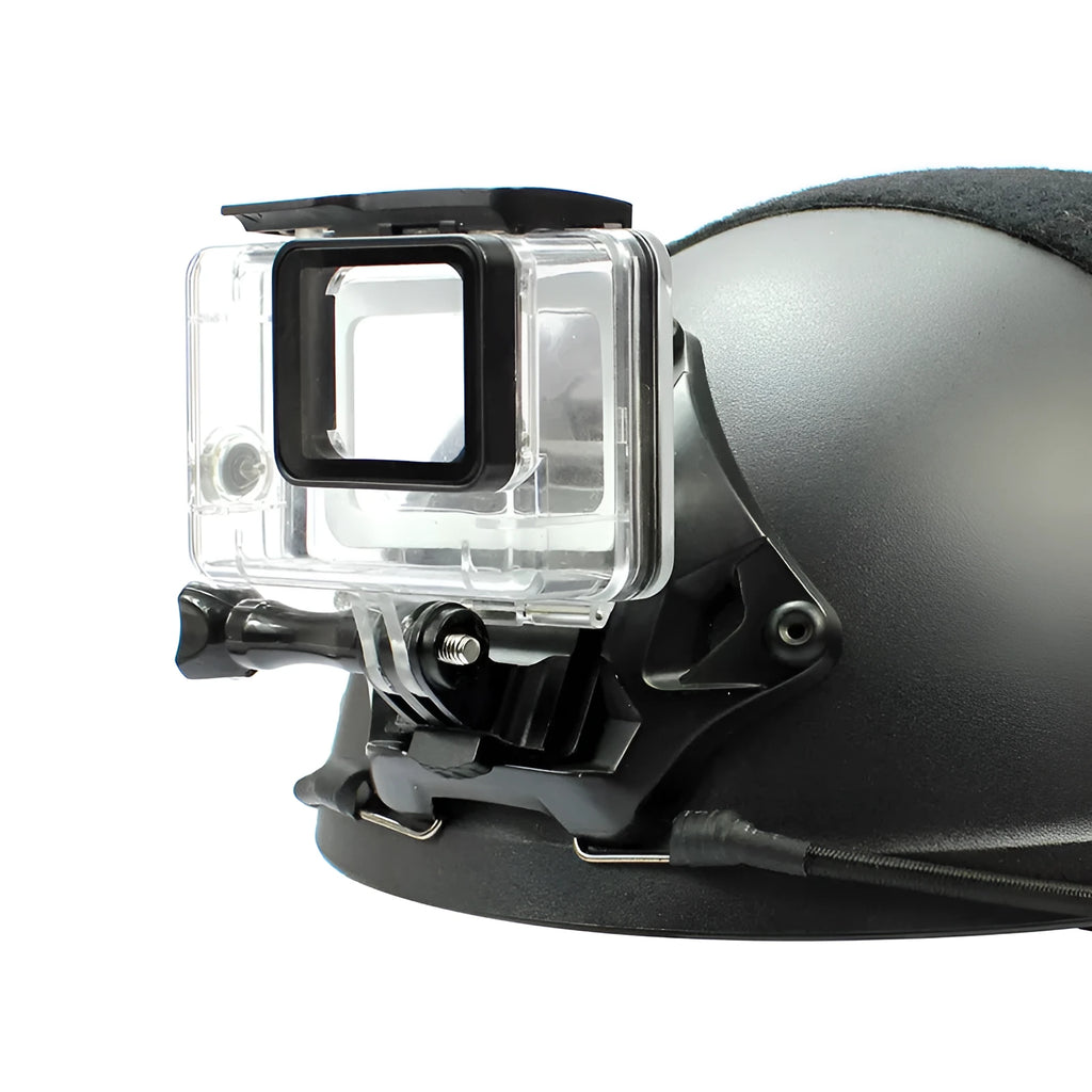 Aluminium alloy camera mounting bracket for attaching a GoPro to a riding helmet.