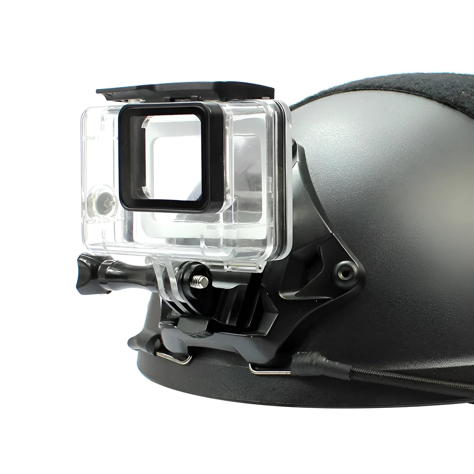 Aluminium alloy camera mounting bracket for attaching a GoPro to a riding helmet.