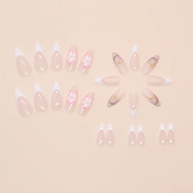 French style fake nails with rock pattern patches and simple flower W1764 design
