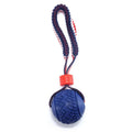 Blue dog ball with rope toy showing natural rubber ball and rope handle for medium and small dogs