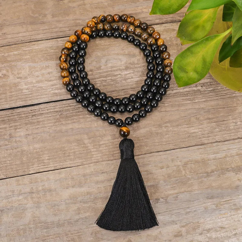 Handmade tiger eye stone necklace with brass tassel charm on ball bead chain