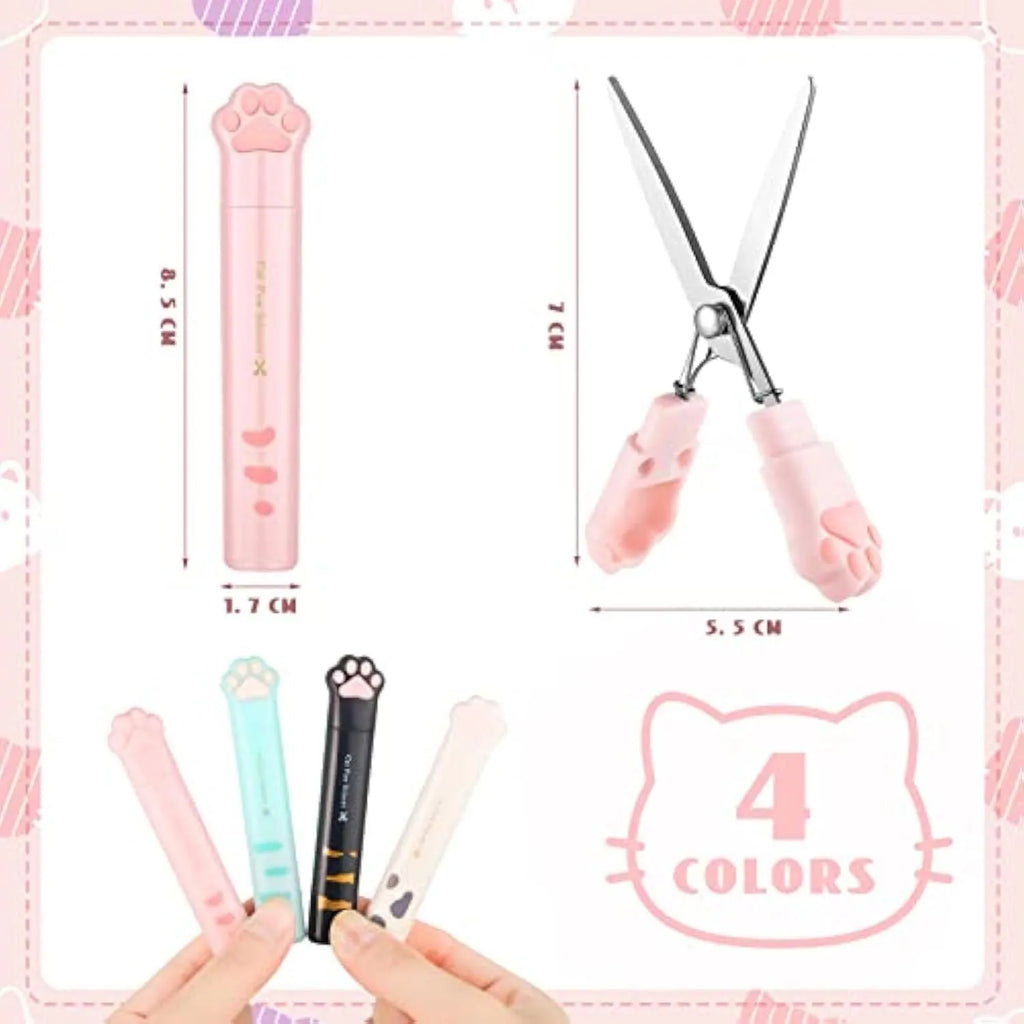 Cat paw design mini folding scissors in four colour options with stainless steel blades