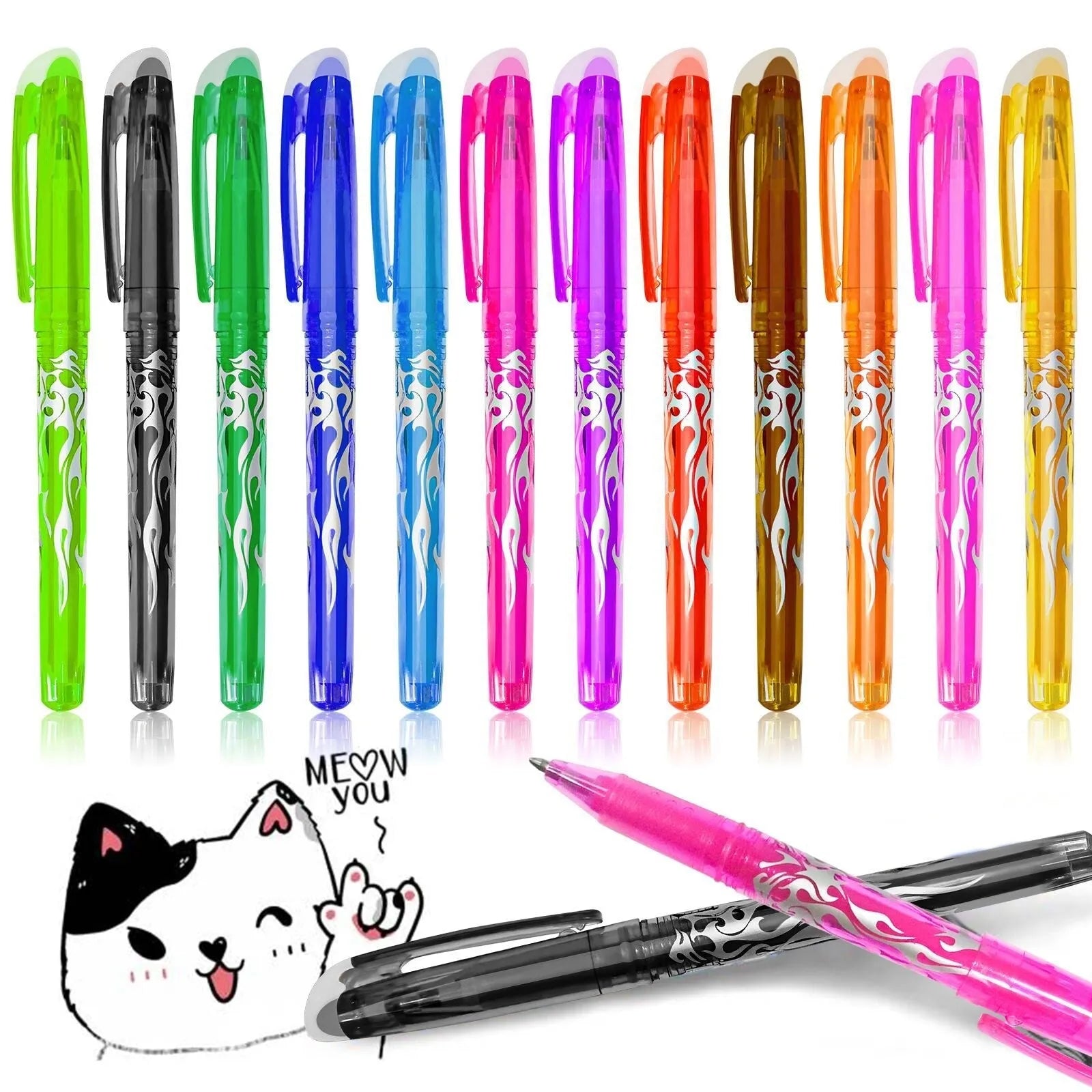 Heat-erasable gel pen with stainless steel nib in 0.5mm or 0.7mm sizes and water-based paint ink