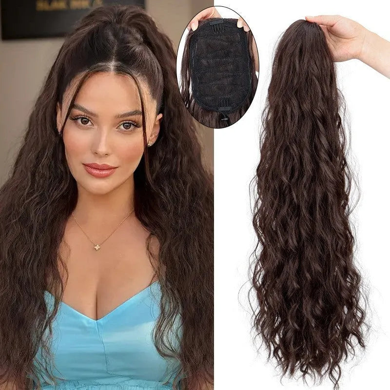 Long curly water ripple hair extension wig in high temperature fibre on a stand