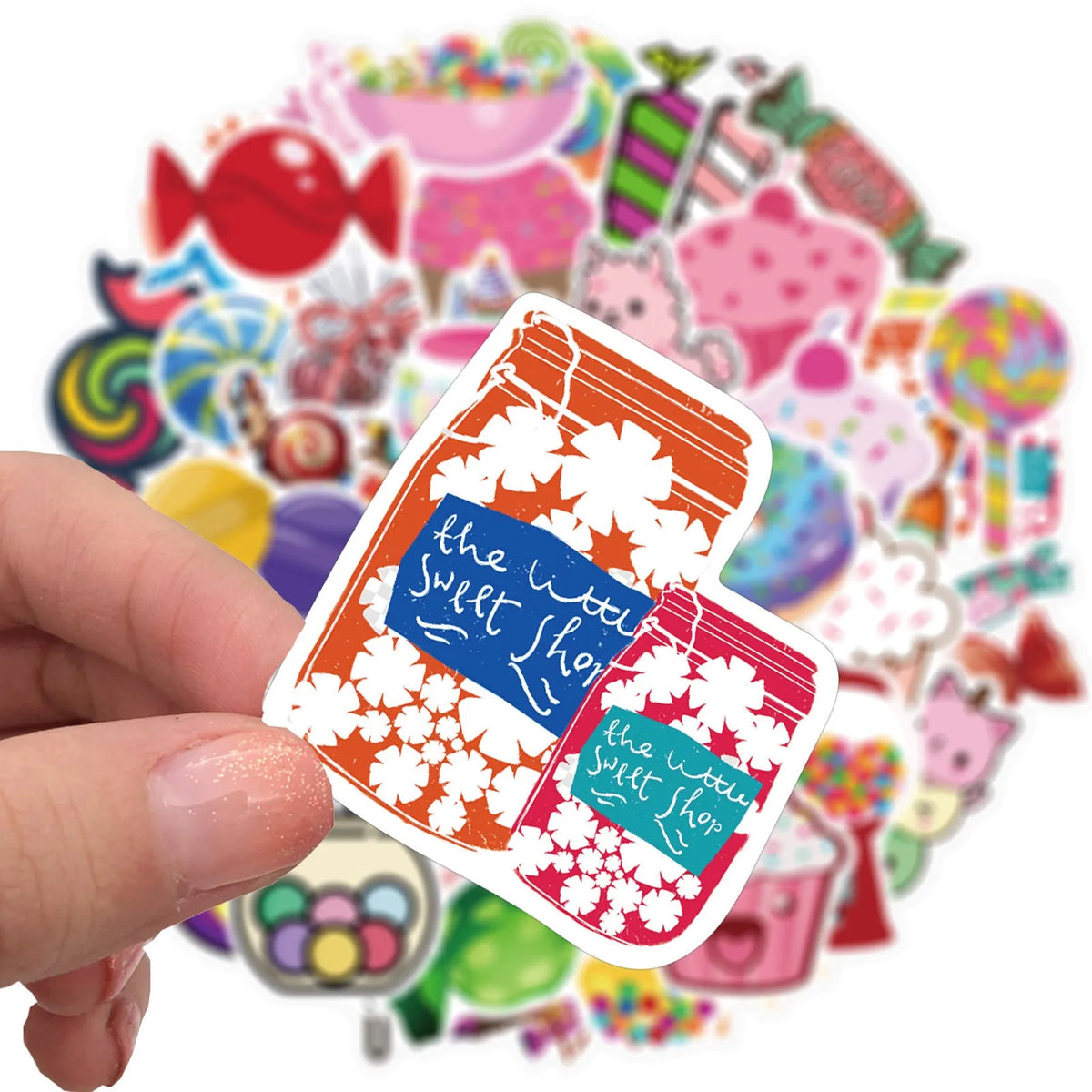 50 colourful candy graffiti stickers with cartoon patterns measuring 4-6cm