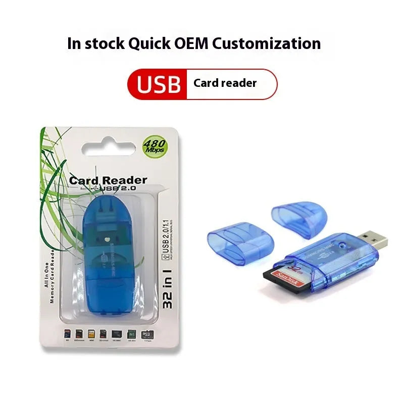 Transparent plastic USB card reader with LED light, showing memory card slots and USB connector.