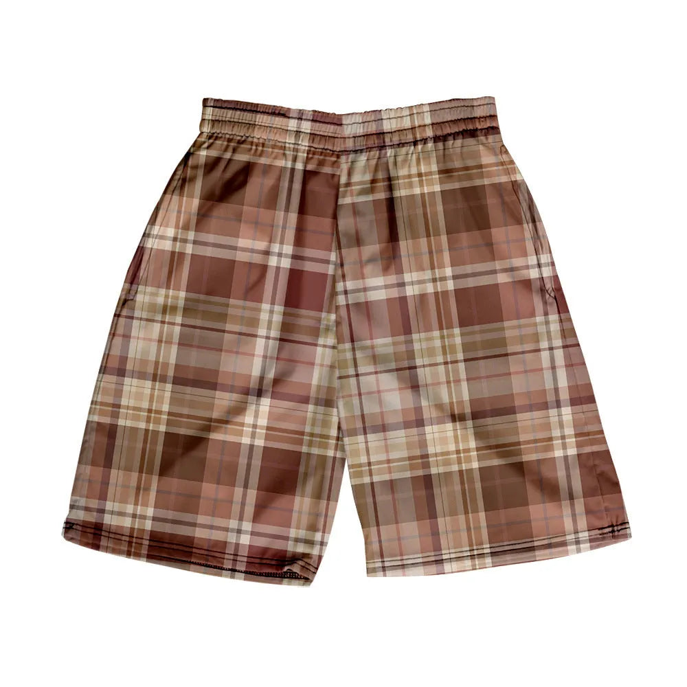 Men's plaid pattern shorts with elastic waistband in straight leg design for casual wear
