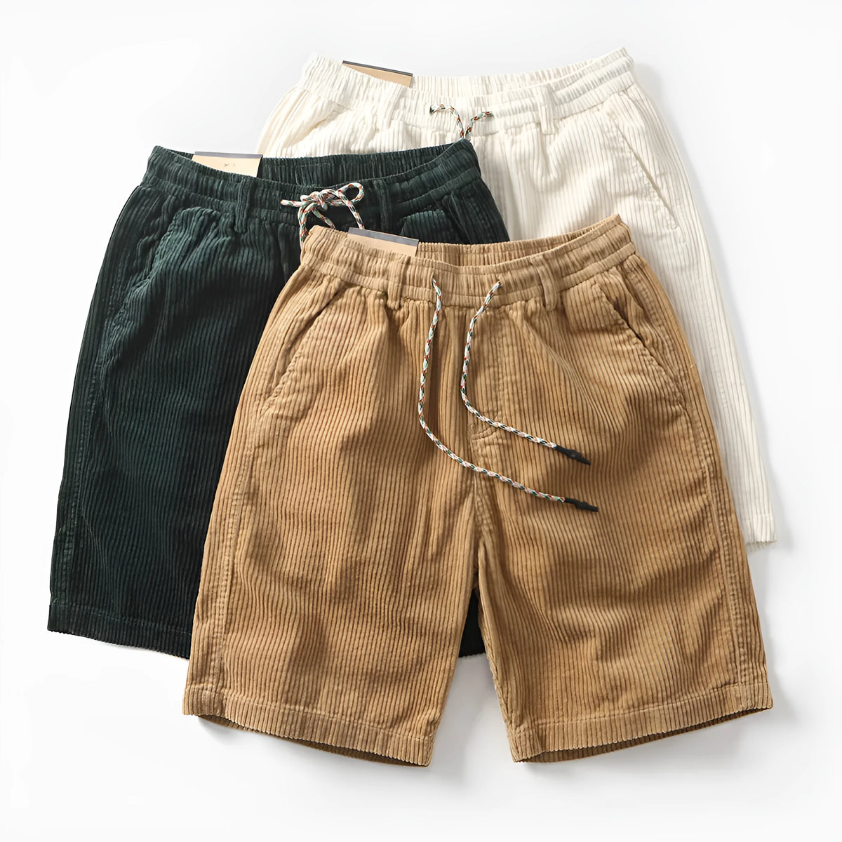 Men's retro American-style cargo shorts in khaki, straight cut, polyester summer wear