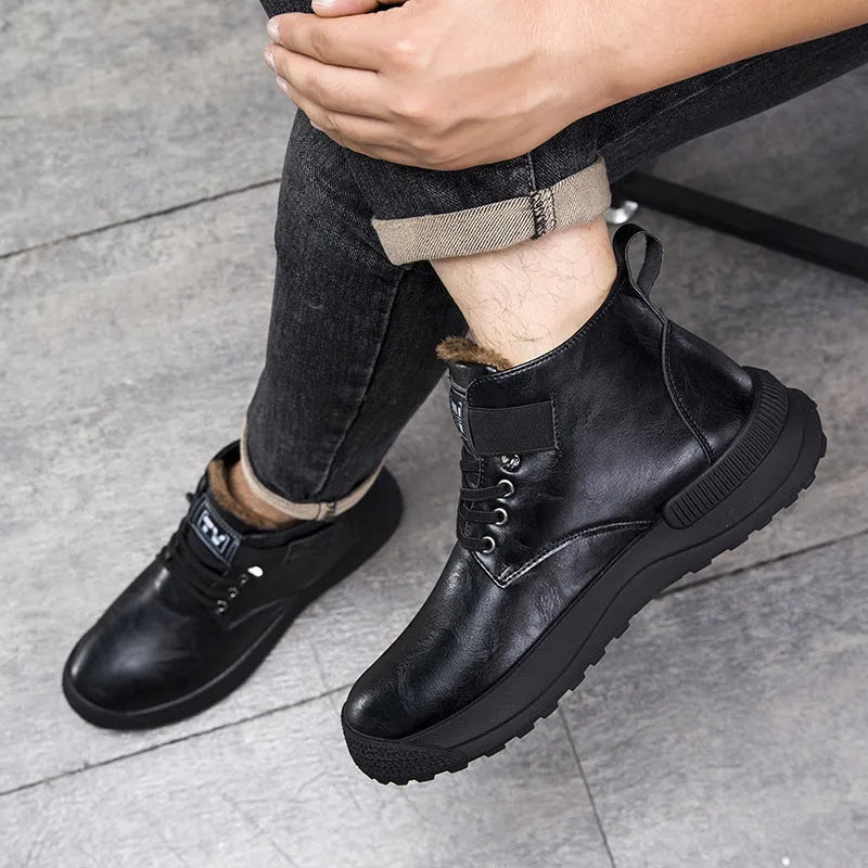 Men's black high-top platform Martin Boots with velvet upper and rubber sole