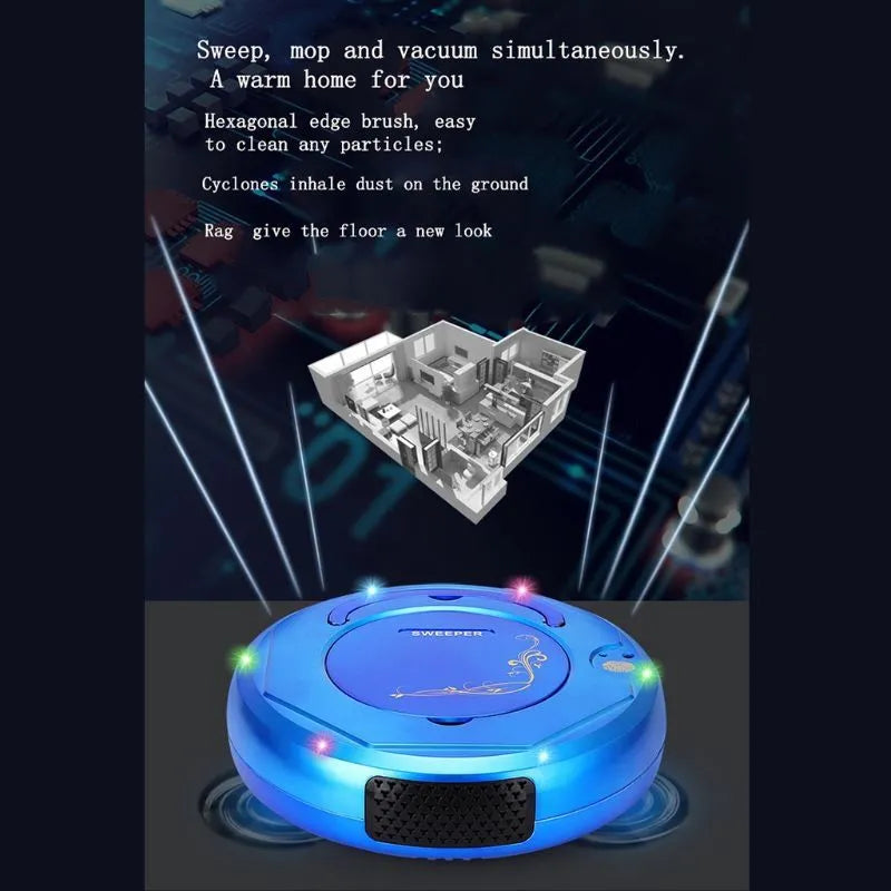 Blue robotic vacuum cleaner with 1800Pa suction for automated floor cleaning on flat surfaces