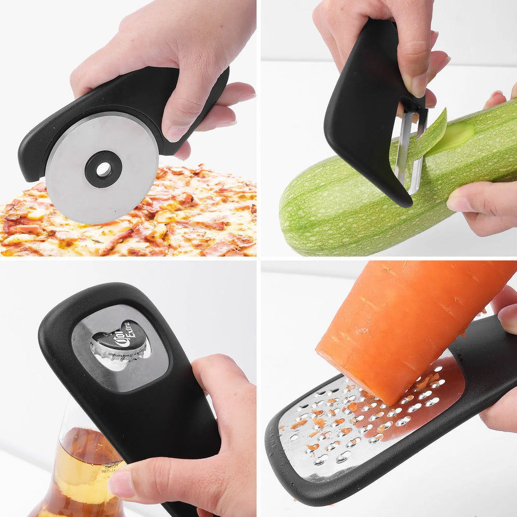 Six kitchen gadgets stacked together with cleaning brush in colour box packaging