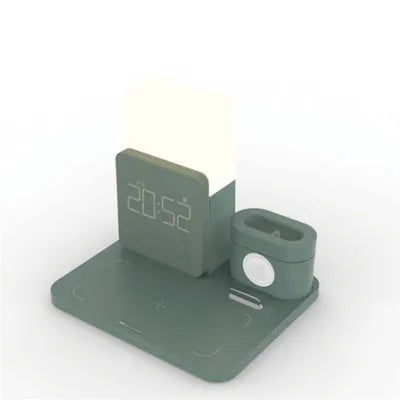 A multi-function Qi wireless charging stand in dark green, light green, or black, made from ABS plastic.