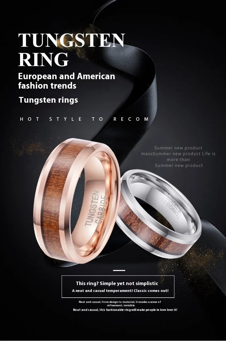 8mm wide U-shaped Ugyen men's ring in rose gold or steel colour on a plain background.