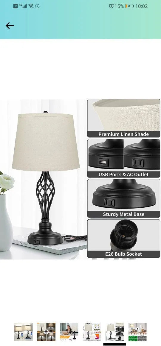 European style alloy touch sensing bedside table lamp with dimmable cold and warm light and a USB charging socket.