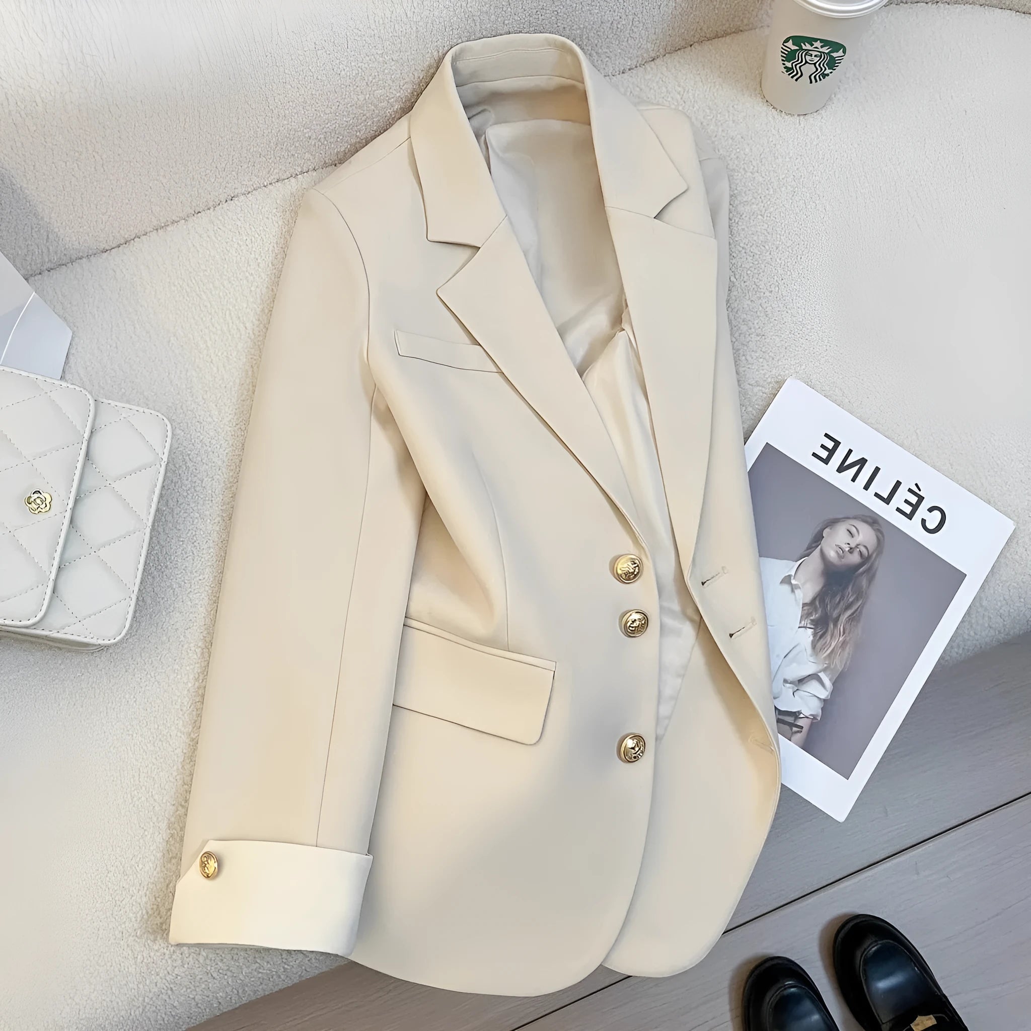Women's loose-fit polyester commuting coat in milky white, showing long sleeves and pockets.