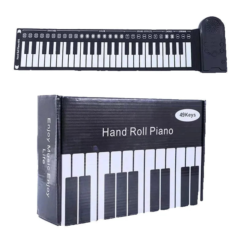 49 key portable folding electronic keyboard in gloss black colour showing compact folded size and included accessories