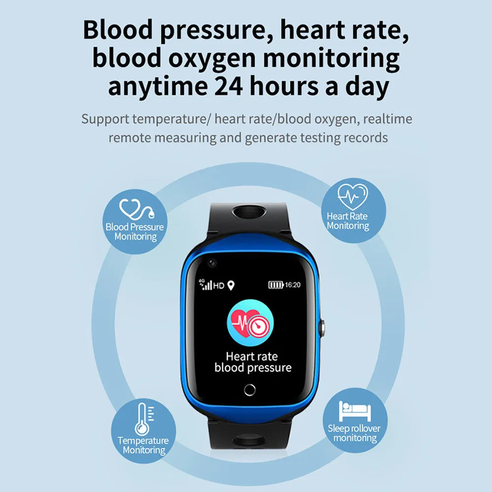 Square smartwatch for elderly with GPS tracking and SOS button in black, blue, or silver colour options