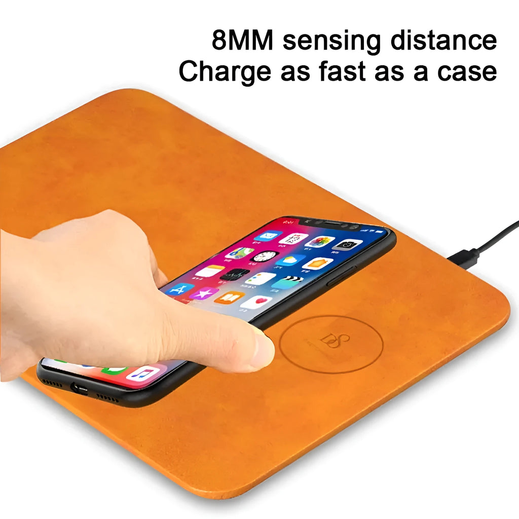 Brown leather wireless charging mouse pad with Micro USB cable showing 400x300mm dimensions