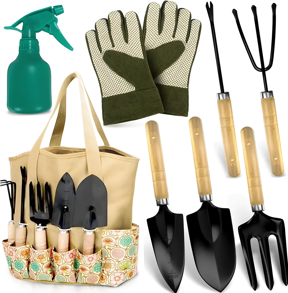Set of eight stainless steel gardening hand tools including a trowel, weeder, and pruner.