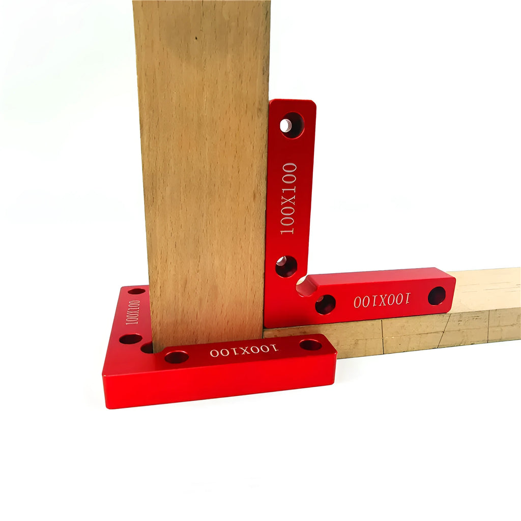 Aluminium woodworking right angle positioning block with scale markings for 90-degree jigsaw clamping