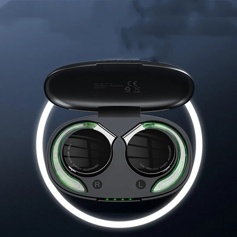 Black and white sports wireless Bluetooth earphones with ear plug design showing bilateral stereo configuration