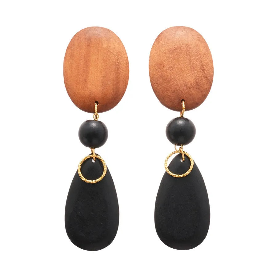 Brown-black wooden retro earrings with elliptical shape and silver needle European American style
