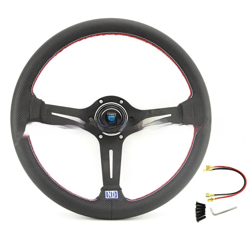 14-inch leather steering wheel with concave middle section and silver-black colour scheme