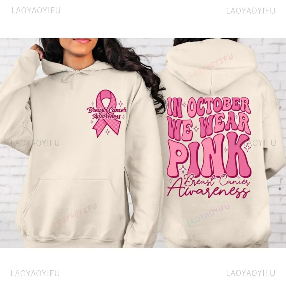 Pink Breast Cancer Awareness hooded sweatshirt with art retro pattern, side pocket, and hot stamping detail.