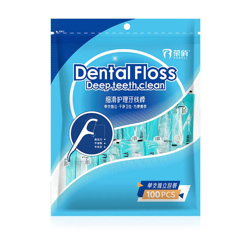 Independent packaging dental floss with 100 single-use strands in plastic material