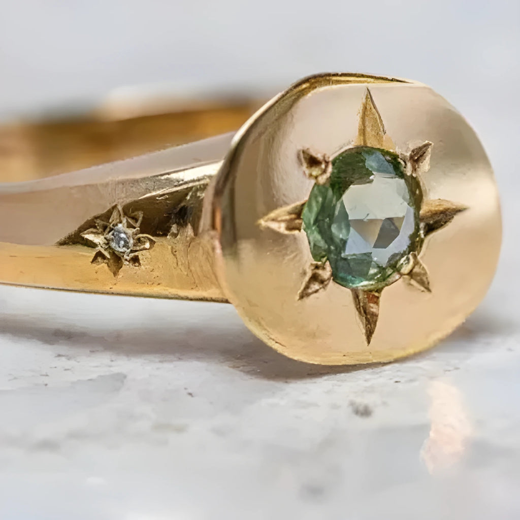 Golden adjustable ring with oval asterism zircon and star micro inlay design