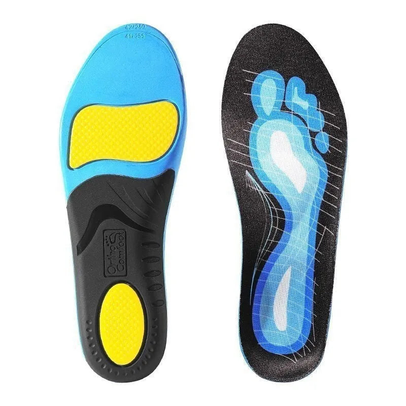 Blue and green PU flat foot correction insoles showing arch support structure
