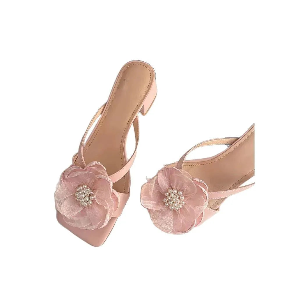 Women's fashion sandals with chunky heel, square toe, and satin upper in cream-white colour