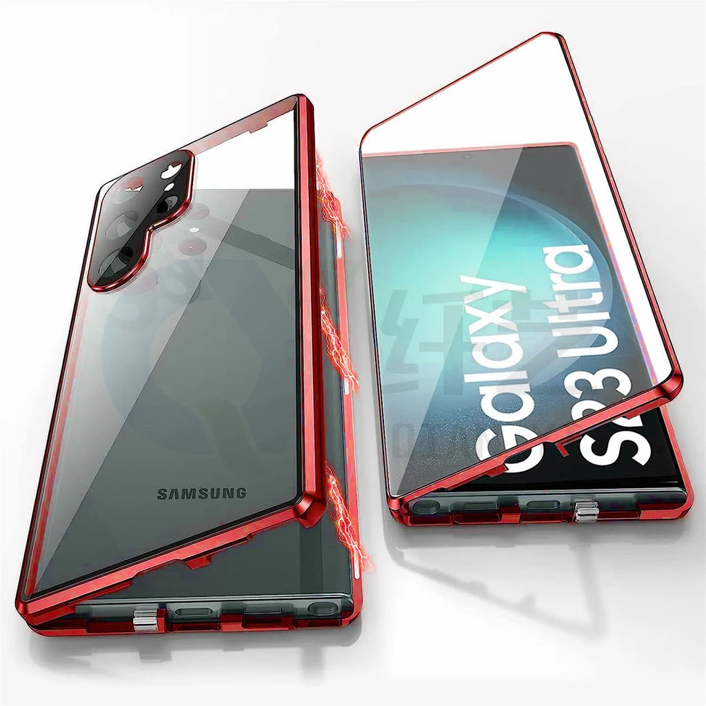 Magnetic mirror phone case for Samsung Galaxy S24 Ultra in seven colour options showing peep-proof design.