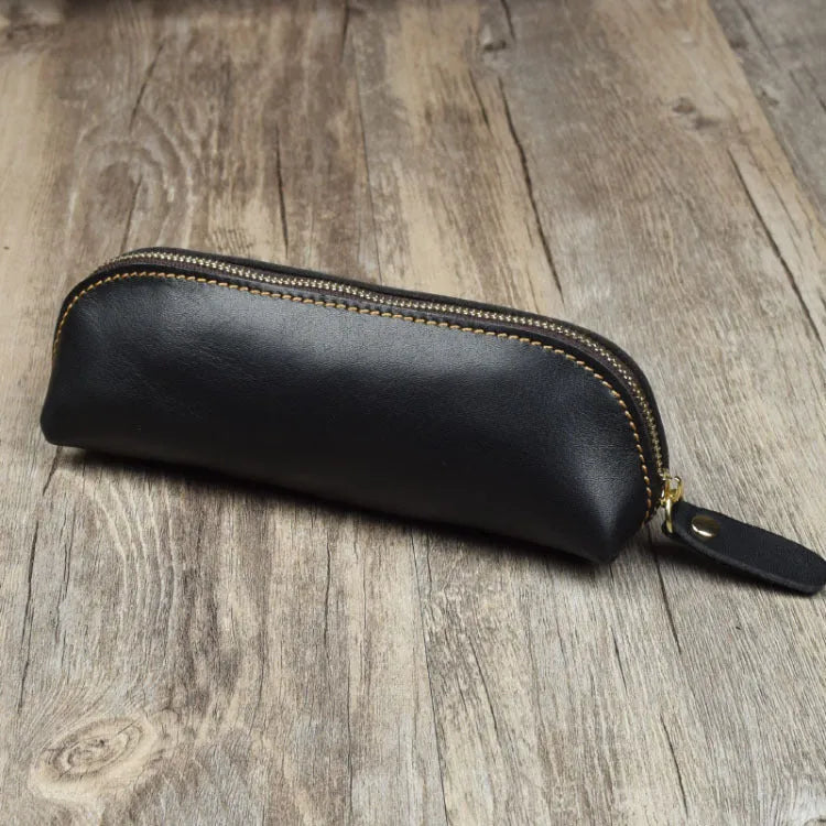 Genuine cowhide leather square pencil and glasses case with zipper in black colour