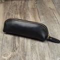 Genuine cowhide leather square pencil and glasses case with zipper in black colour