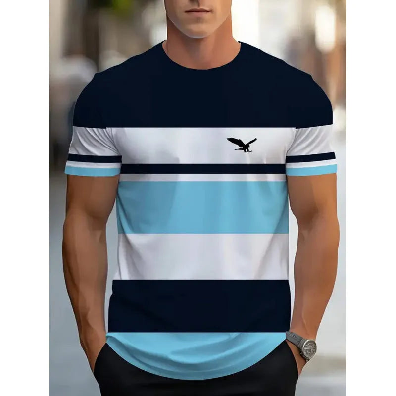 Men's striped digital 3D printed t-shirt in loose fit casual style with short sleeves