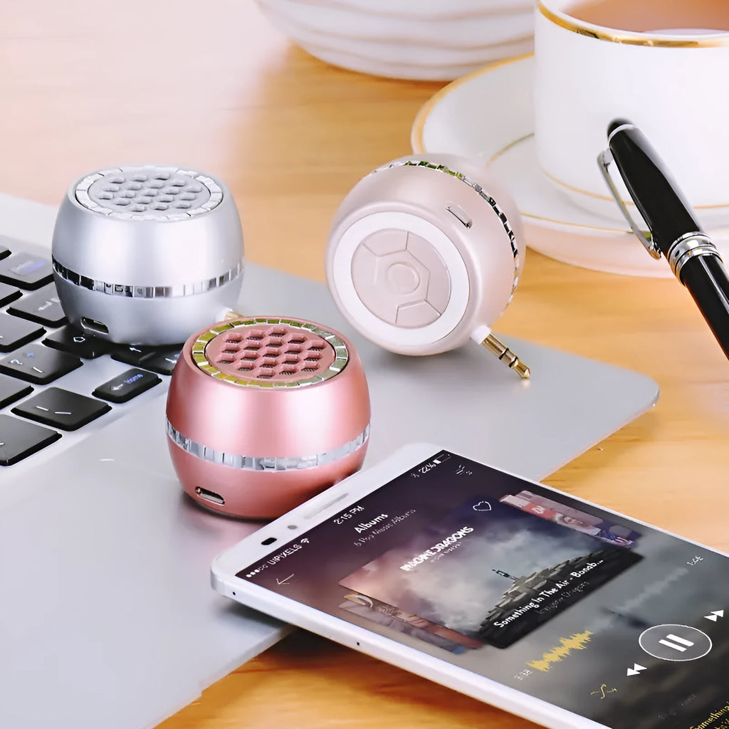 Universal external amplifier speaker in engineering plastic box, shown in black, local gold, and rose gold colour options.
