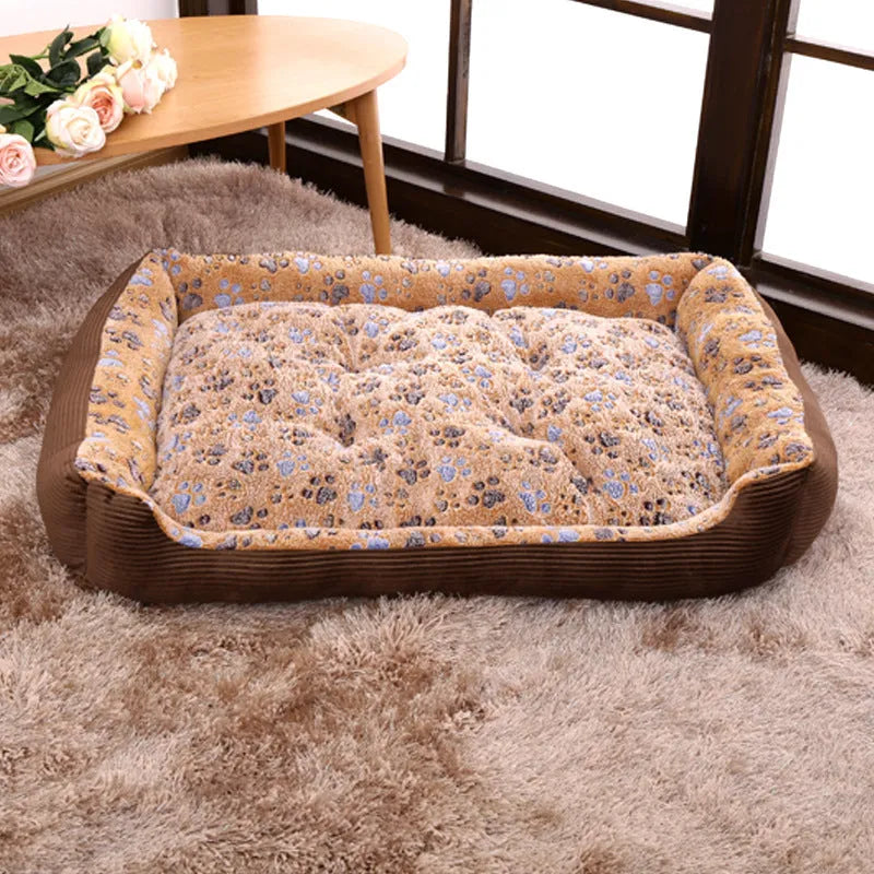 Beige soft plush dog bed with raised edges shown in a home setting.