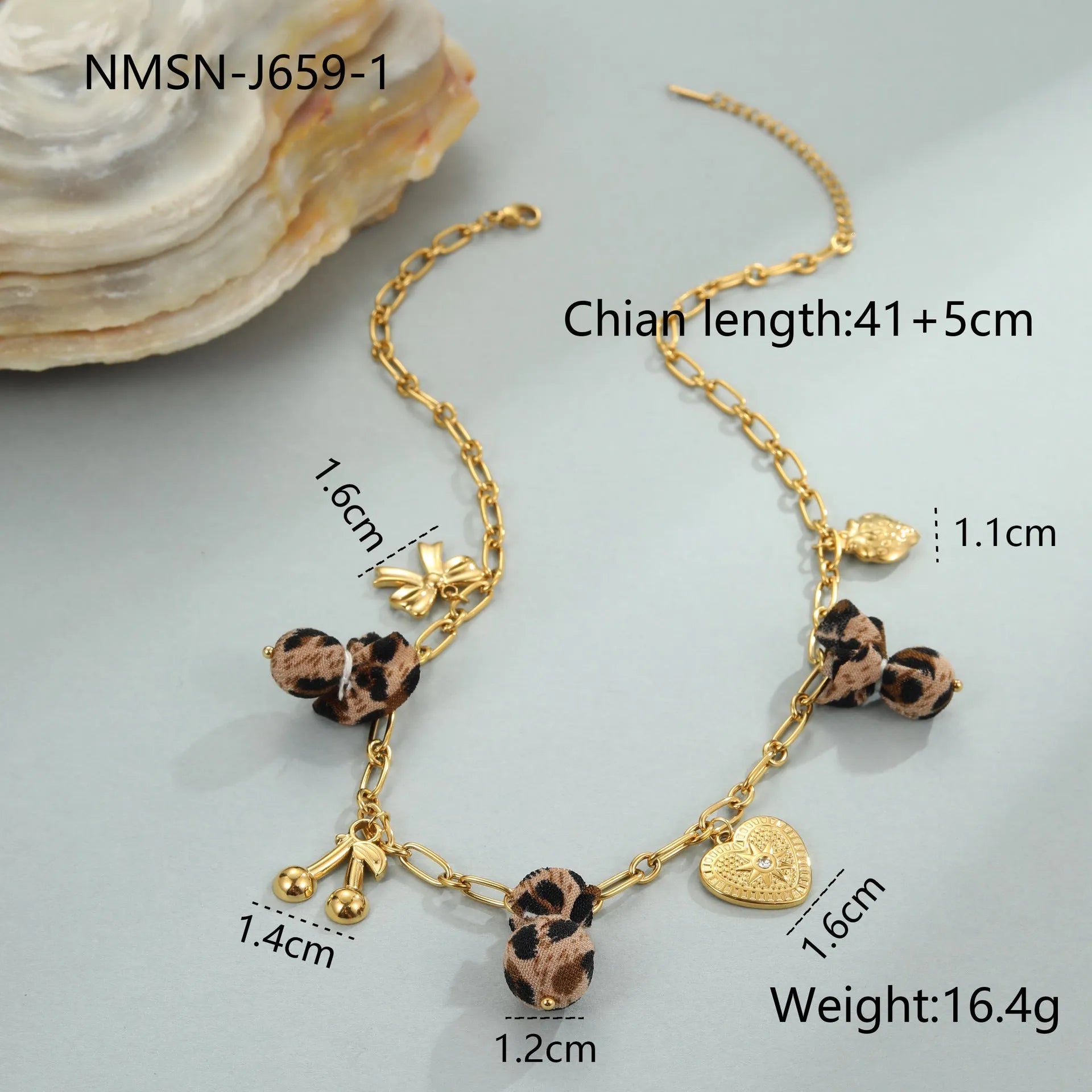 Gold-coloured stainless steel necklace with leopard pattern pendant on adjustable 41-50cm chain