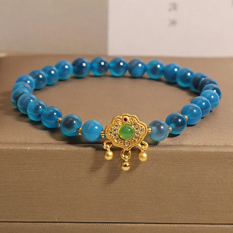 Blue sugar heart agate safety lock pendant women's bracelet with crystal and rhinestone decoration
