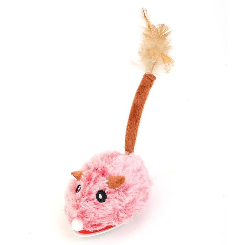 Electric moving mouse cat pole toy in pink plush with USB Type-C charging port