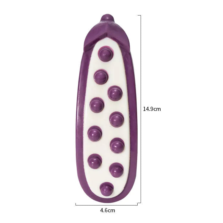Green and purple meat-scented durable dog chew toys shown in large and small sizes.