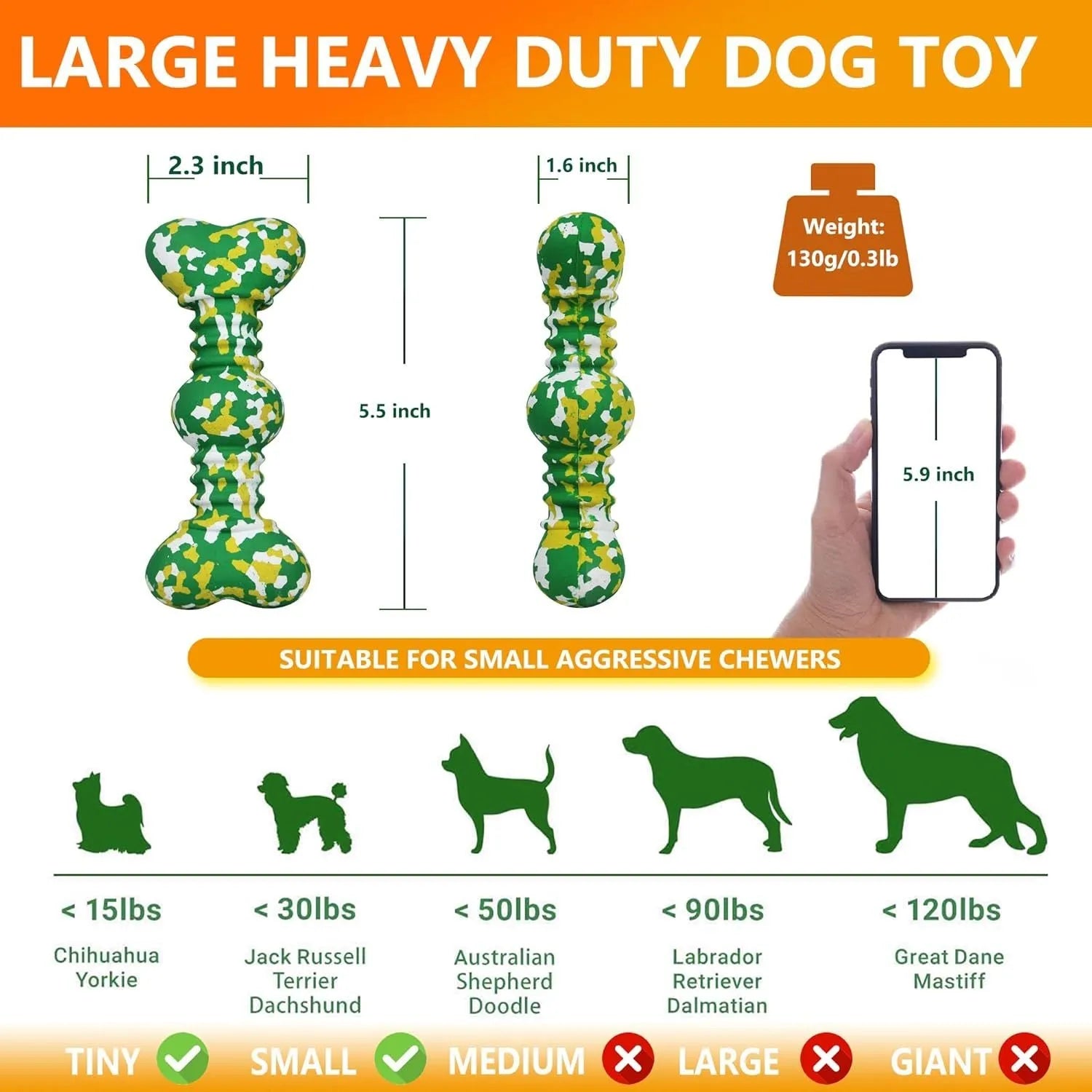 Natural rubber dog chew toy with camouflage pattern for large breed aggressive chewers in green, white, and yellow colours