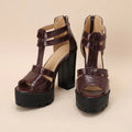 Black platform high heel sandals with round toe and back zipper closure