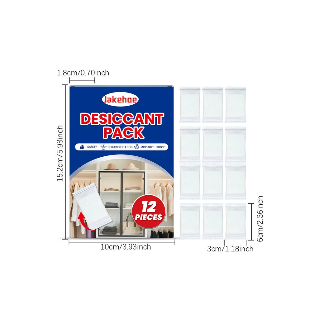 Pack of 12 white calcium chloride desiccant pouches for absorbing moisture in cupboards.