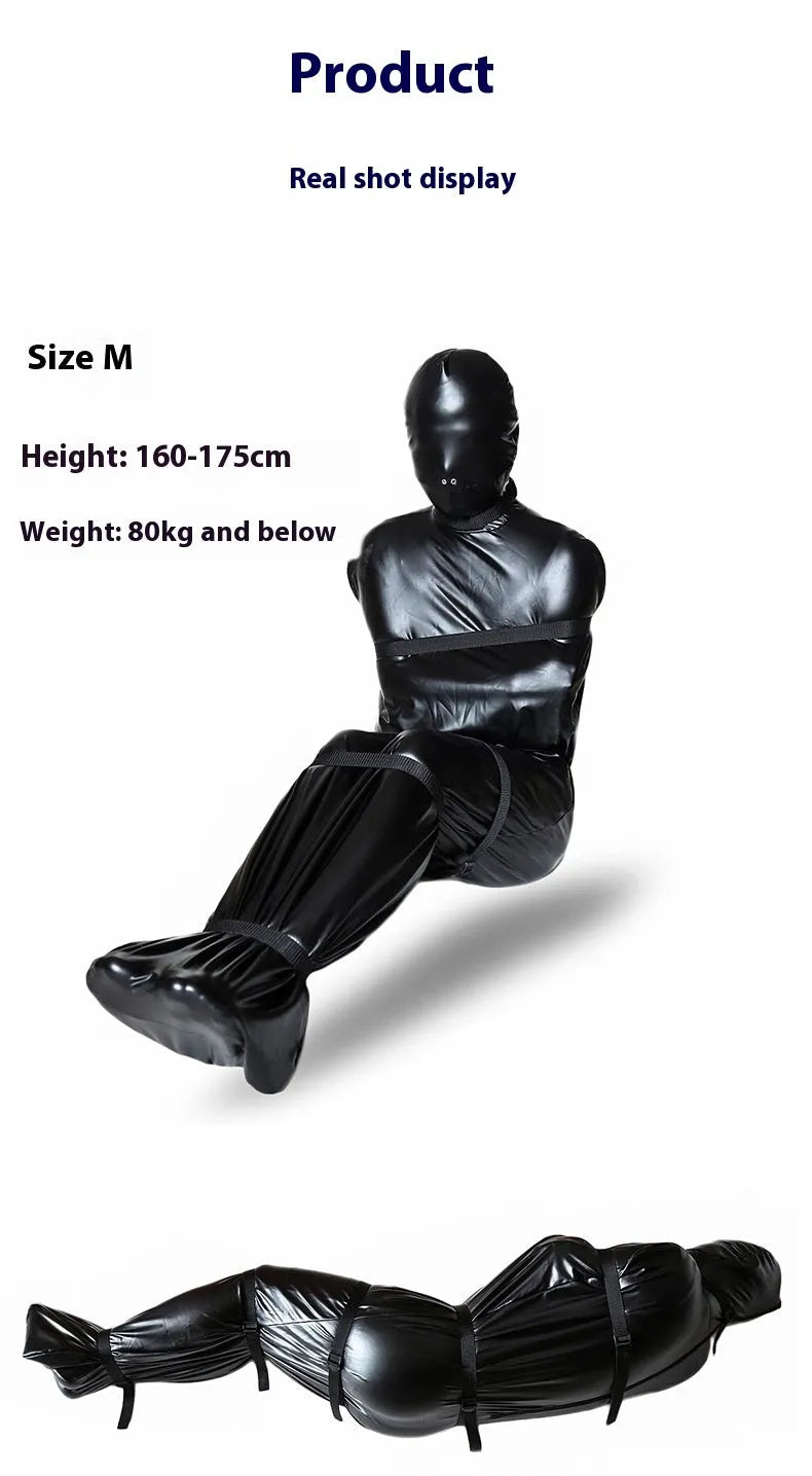 Black patent leather adult restraint harness with full body wrap and six ratchet tie-down pieces