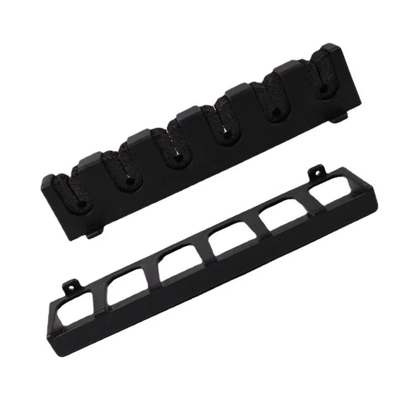 Black ABS plastic wall-mounted fishing rod holder showing horizontal and upright vertical mounting options