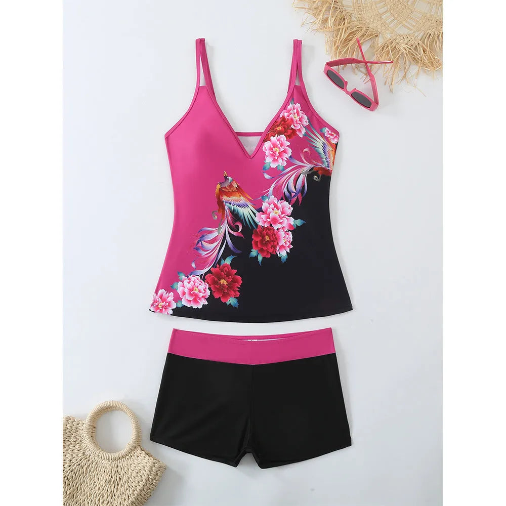 Women's plus size two-piece swimsuit set in black or rose red, sizes S to 5XL.