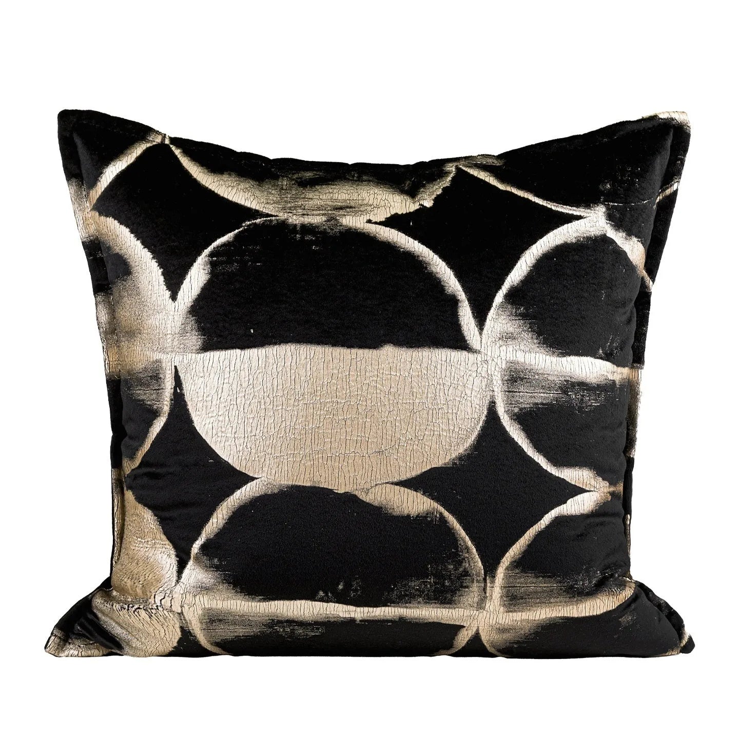 Black gold abstract pattern decorative cushion with removable cover in three size options on a sofa.